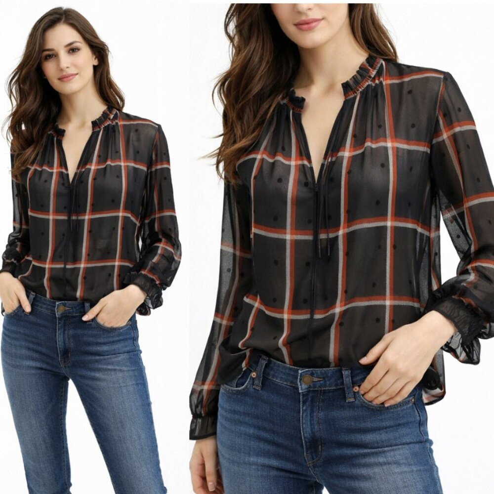 Zara Black and Red Plaid Sheer Blouse Size Medium